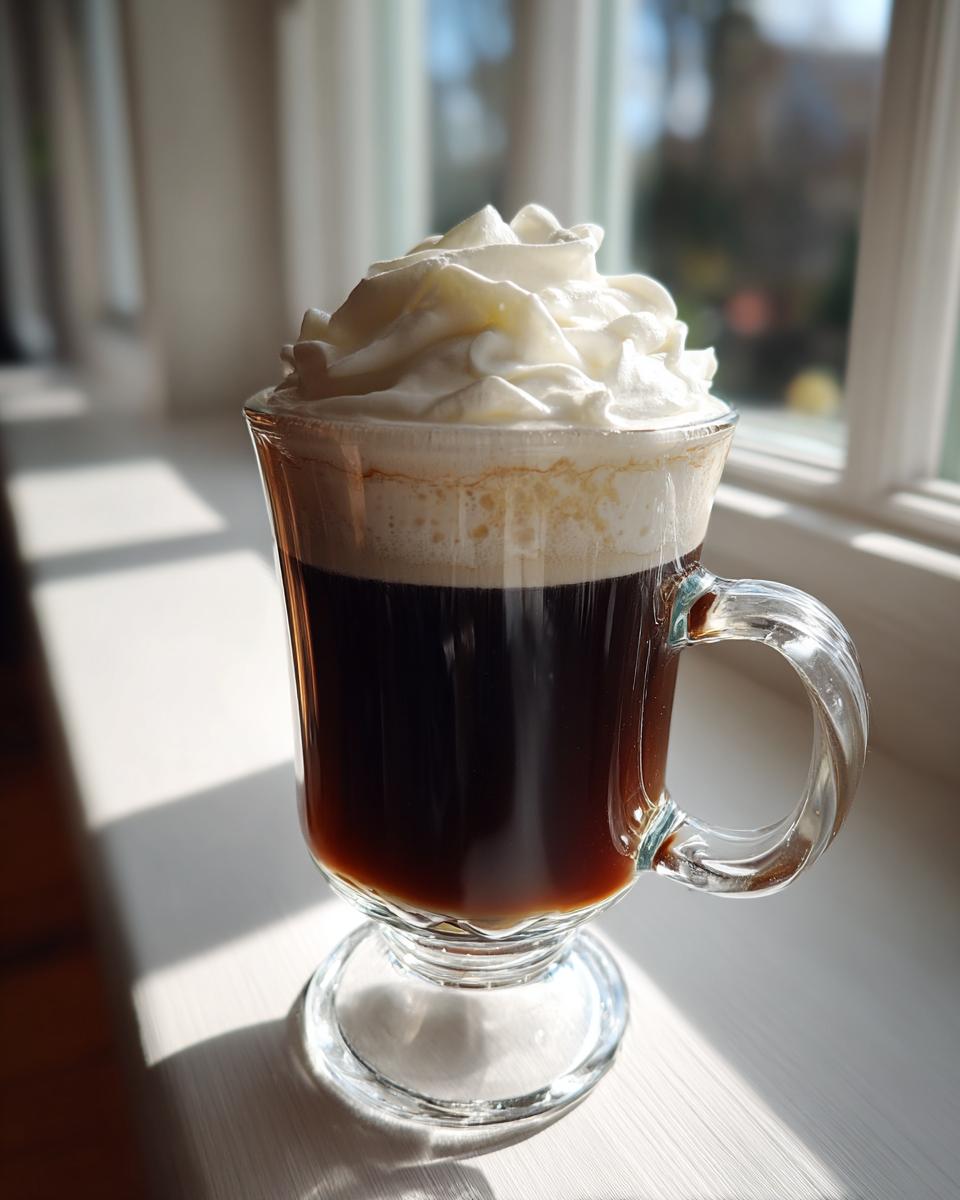 A glass mug filled with dark Irish Coffee topped generously with whipped cream, sitting on a bright windowsill.