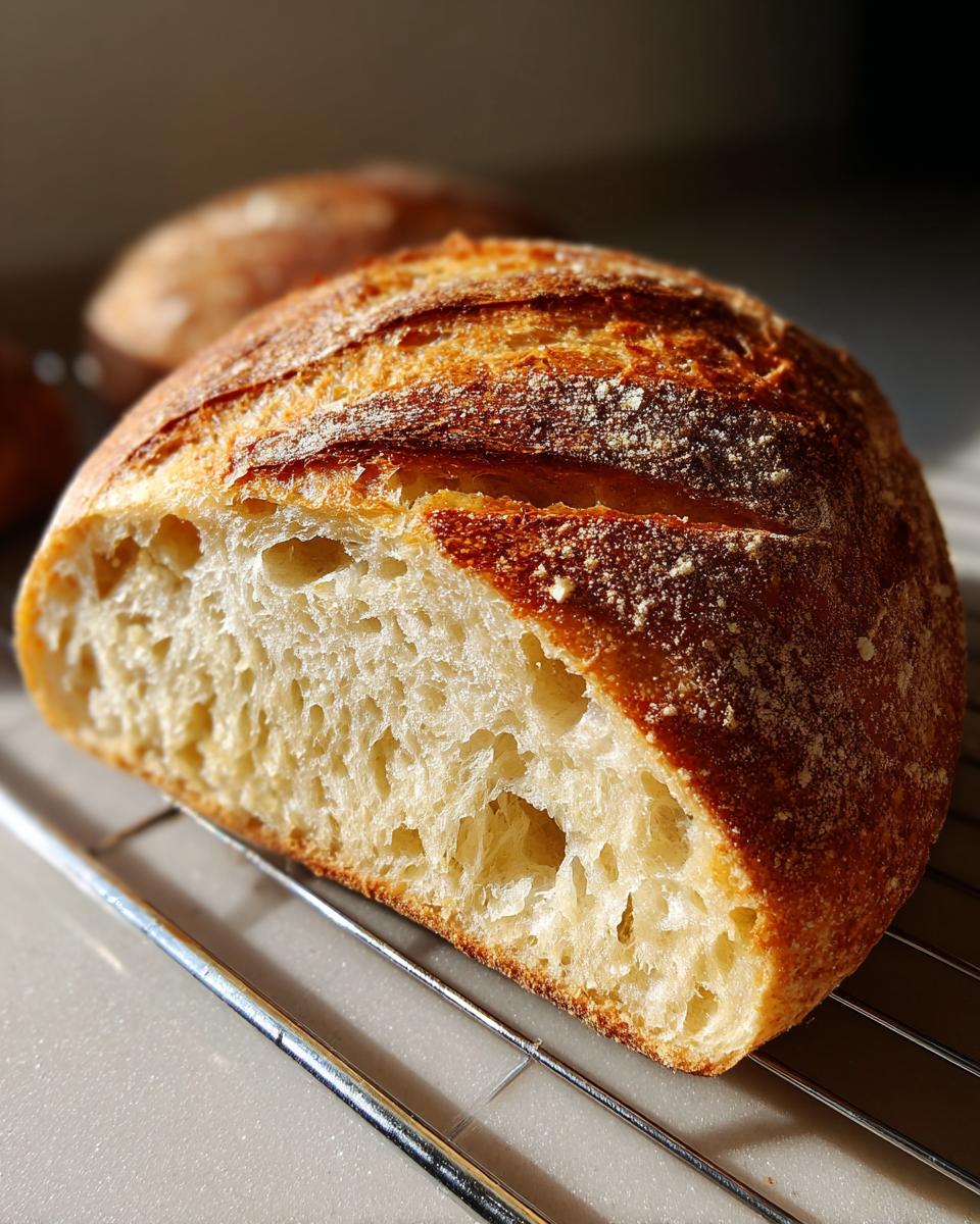 Close-up of a freshly baked Italian bread loaf, cut open to show the airy, open crumb texture.