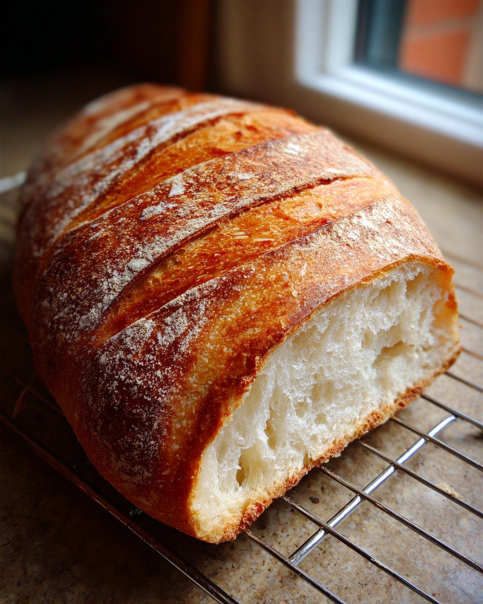 A freshly baked loaf of Italian bread with a golden, scored crust resting on a cooling rack, showing the soft white interior.