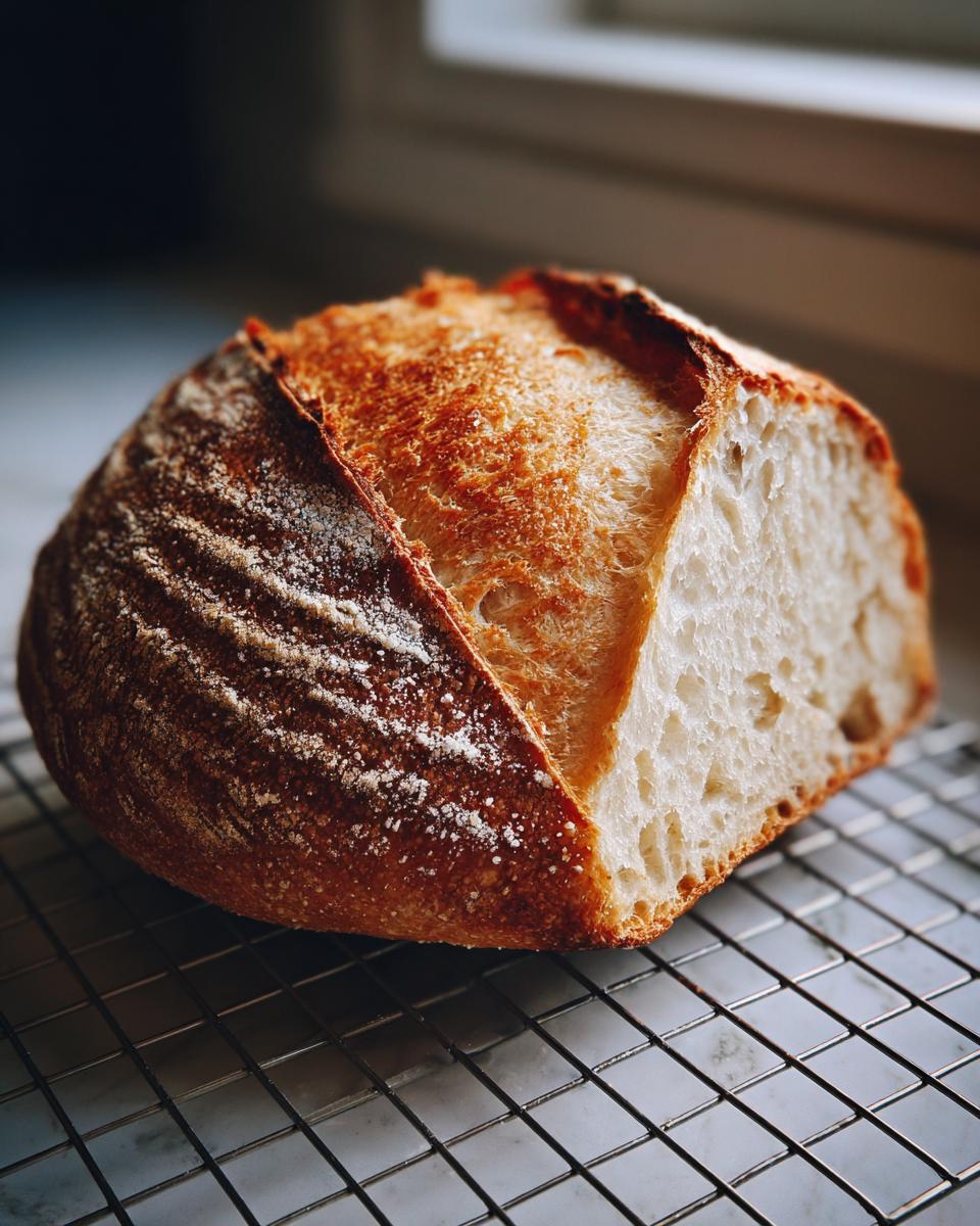 A rustic loaf of Italian bread, sliced open to show the airy crumb, resting on a cooling rack.