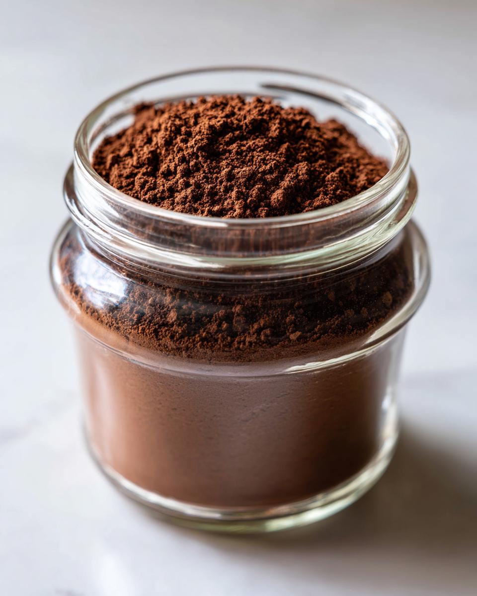 Close-up of rich brown hot cocoa mix powder filling a small glass jar on a white surface.