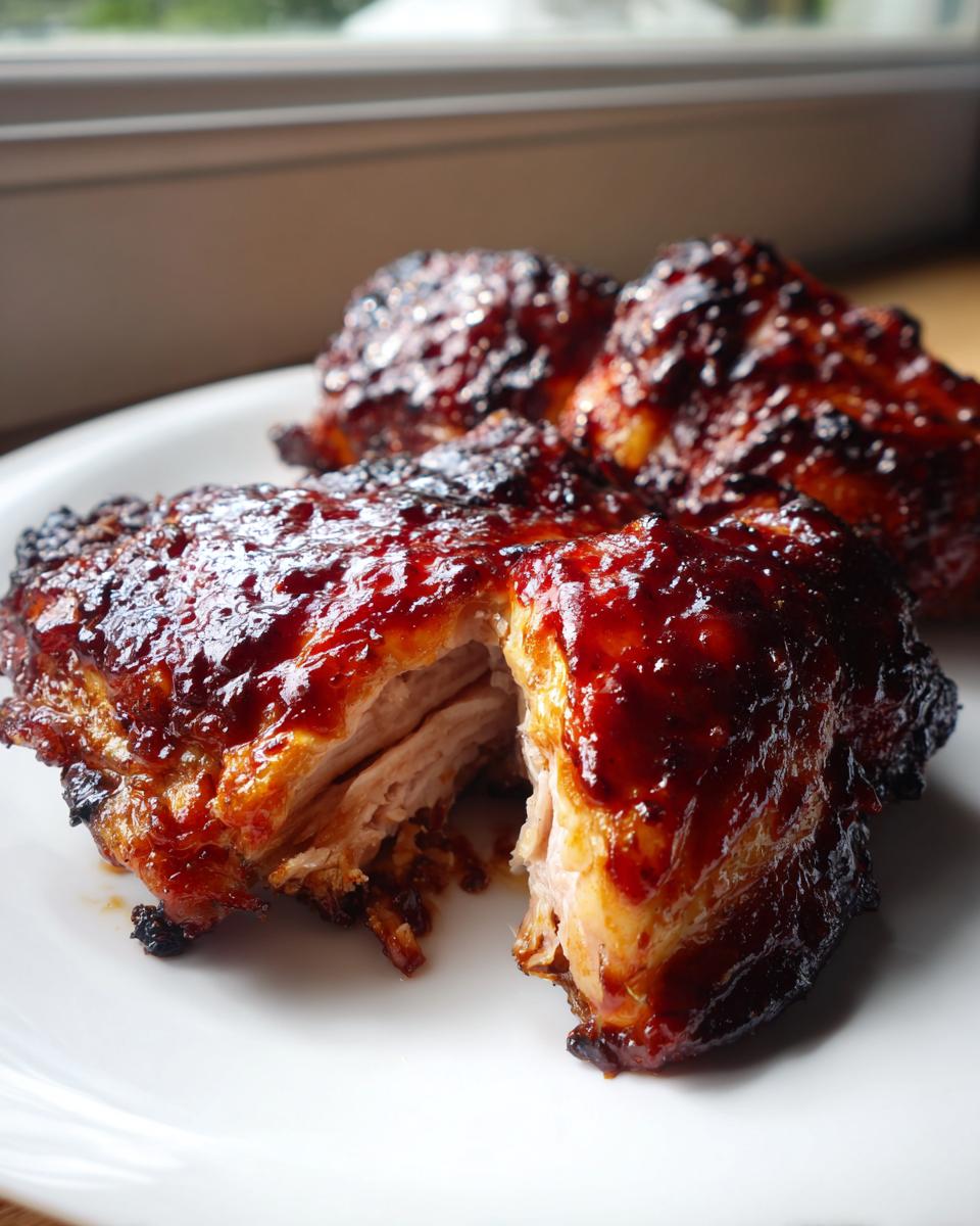 Close-up of juicy bbq chicken, cut open to show tender meat covered in thick, glossy barbecue sauce.