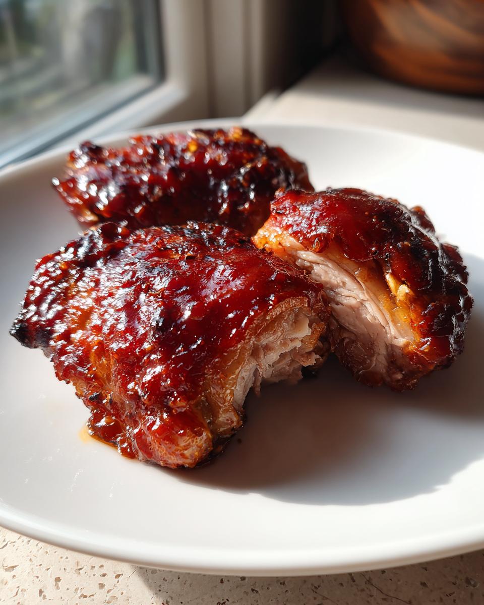 Three pieces of juicy bbq chicken coated in thick, shiny sauce, one piece is broken open showing the tender meat.