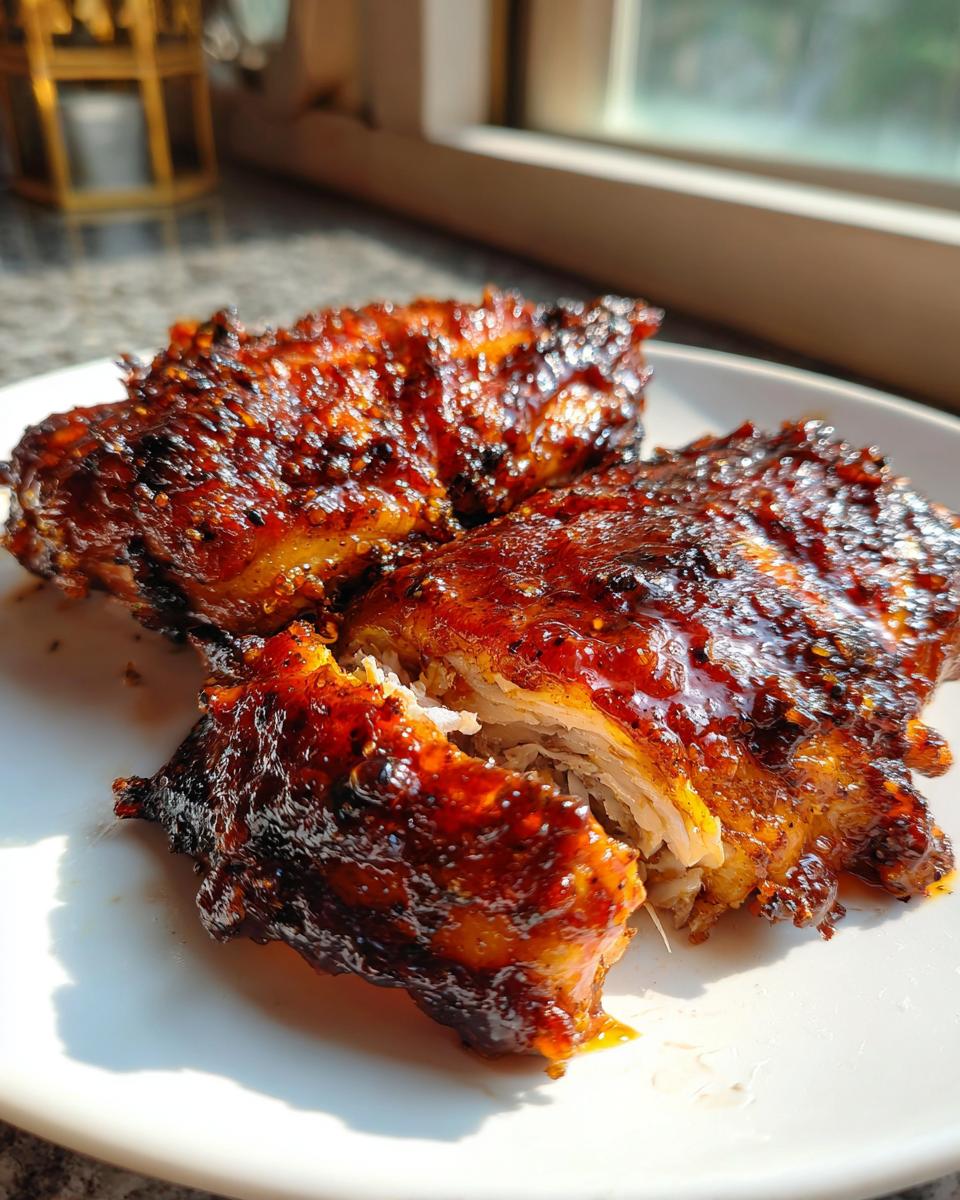 Close-up of juicy, glazed bbq chicken pieces with a caramelized, dark brown exterior on a white plate.