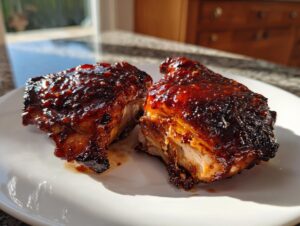 Two pieces of juicy bbq chicken covered in a thick, dark, glossy sauce resting on a white plate.