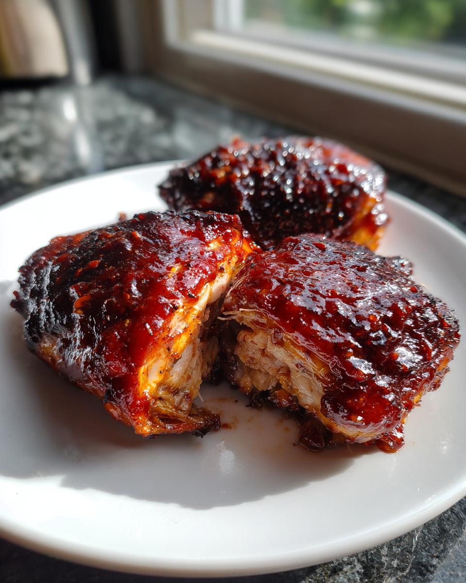 Close-up of three pieces of juicy bbq chicken coated in thick, dark, glossy sauce on a white plate.