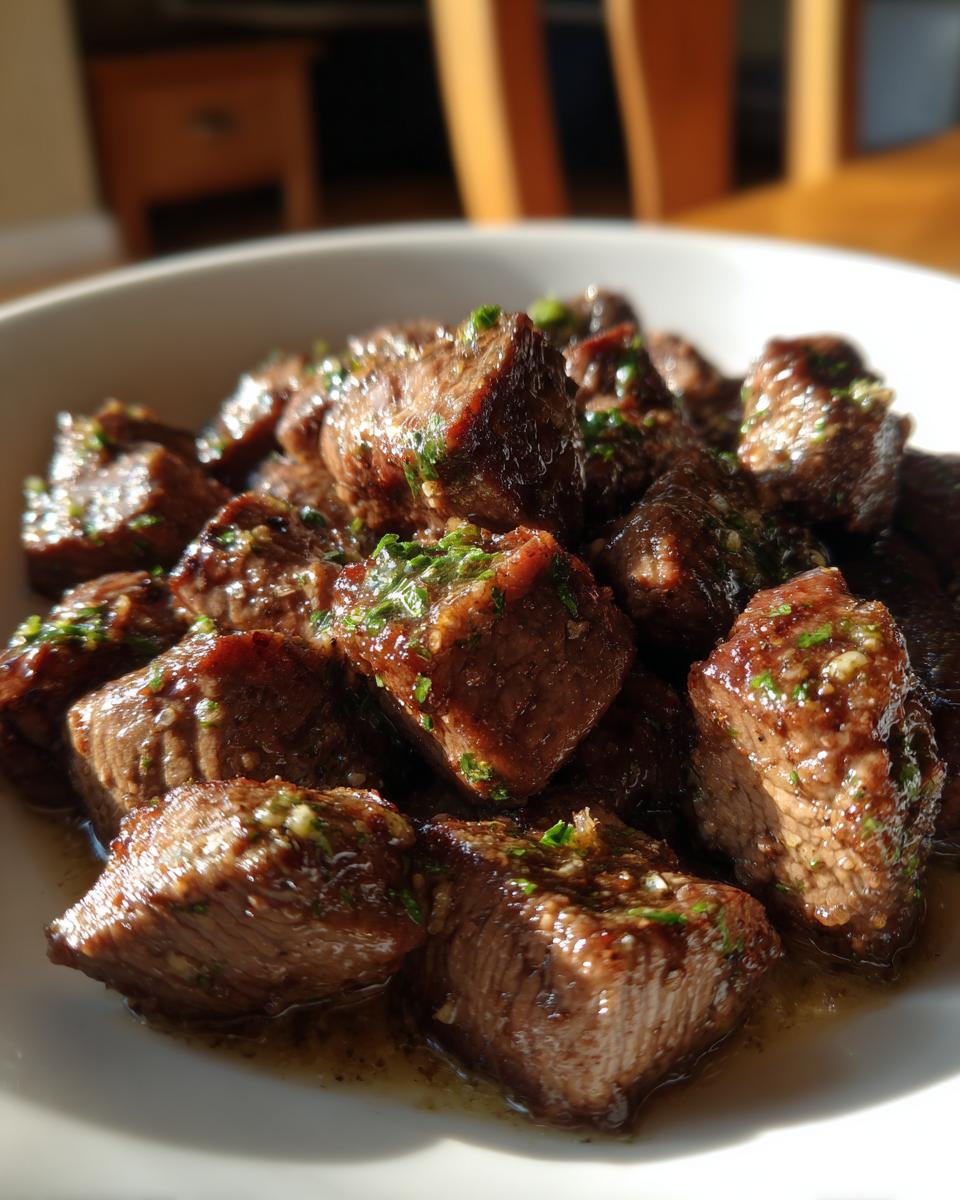 Close-up of tender crockpot steak bites coated in a savory garlic and herb sauce in a white bowl.