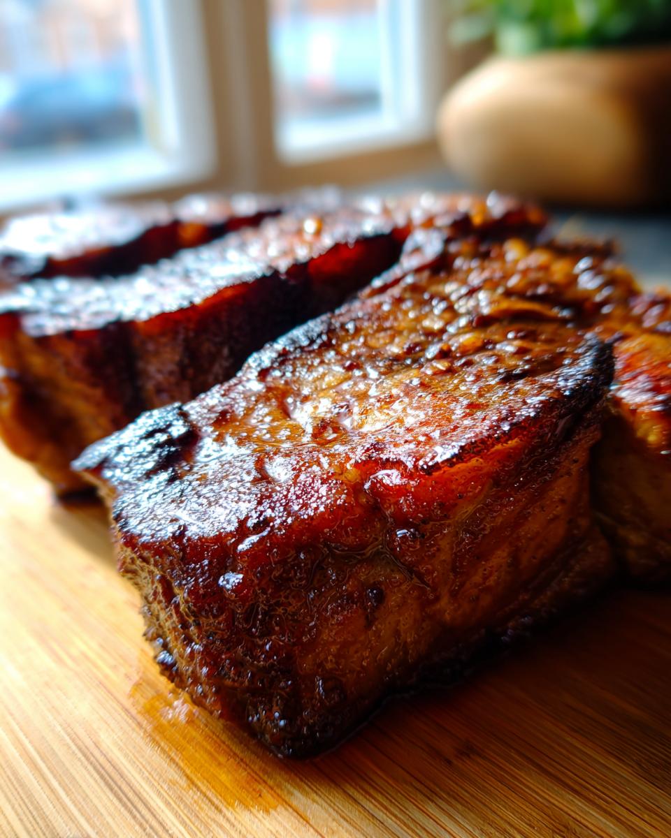 Close-up of thick, caramelized, and juicy pork steak pieces resting on a wooden cutting board.