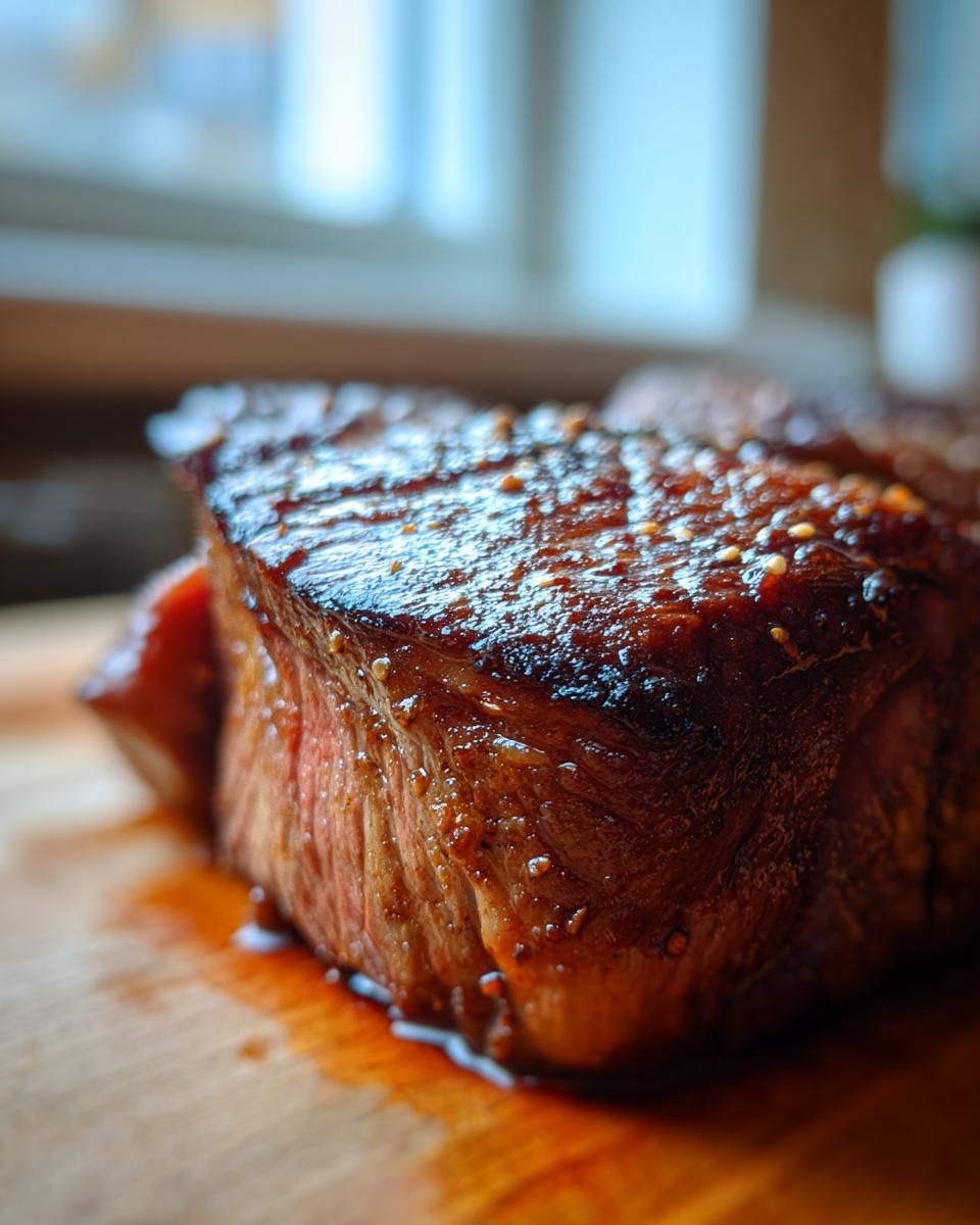 Close-up of a perfectly cooked, juicy pork steak with a dark, glistening glaze resting on a wooden cutting board.