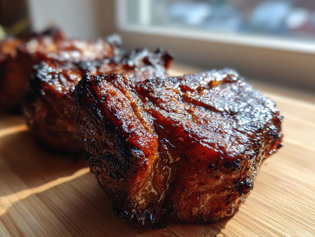 Close-up of a perfectly caramelized and juicy pork steak resting on a wooden cutting board.