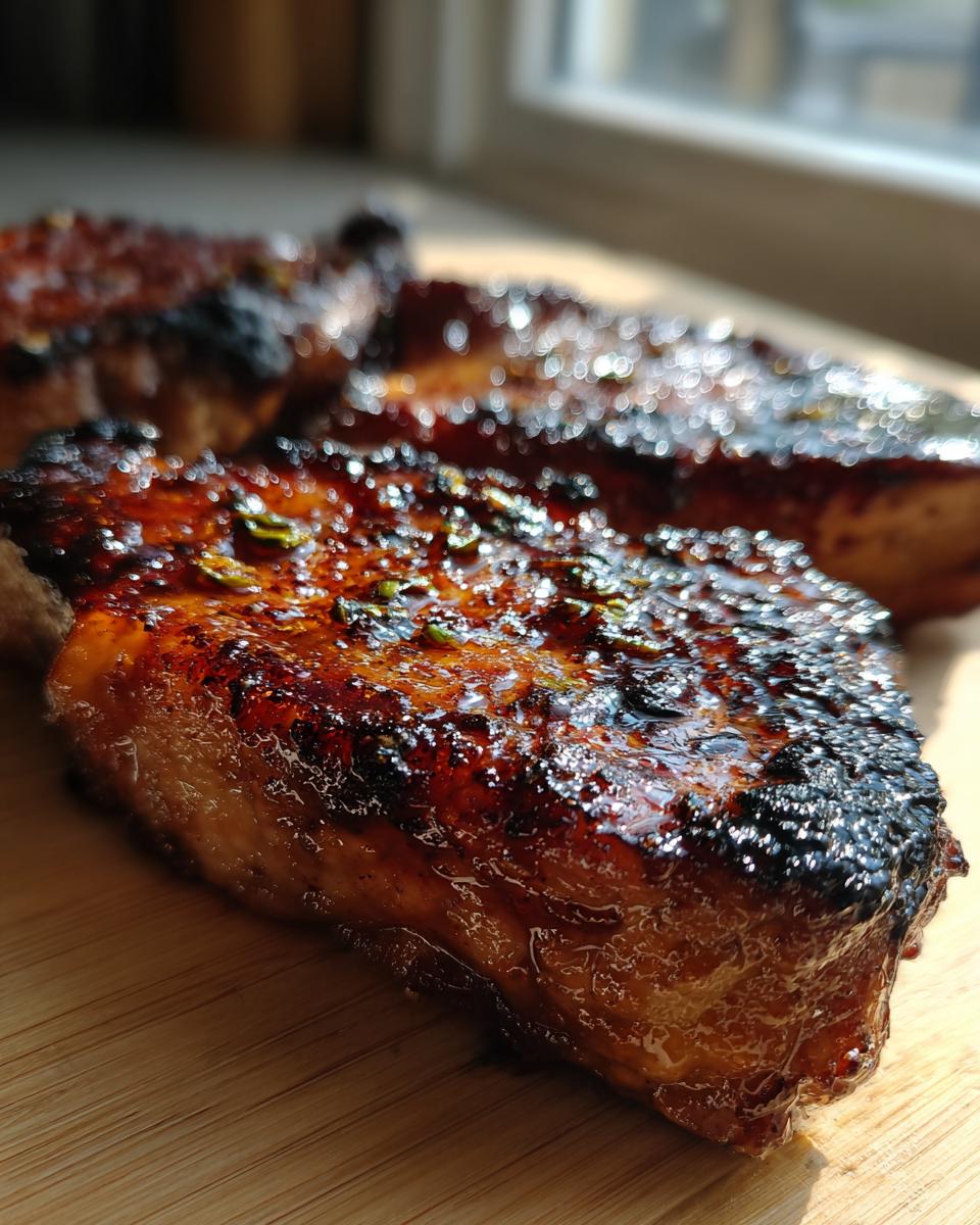 Close-up of a juicy, glazed pork steak with caramelized edges resting on a wooden cutting board.