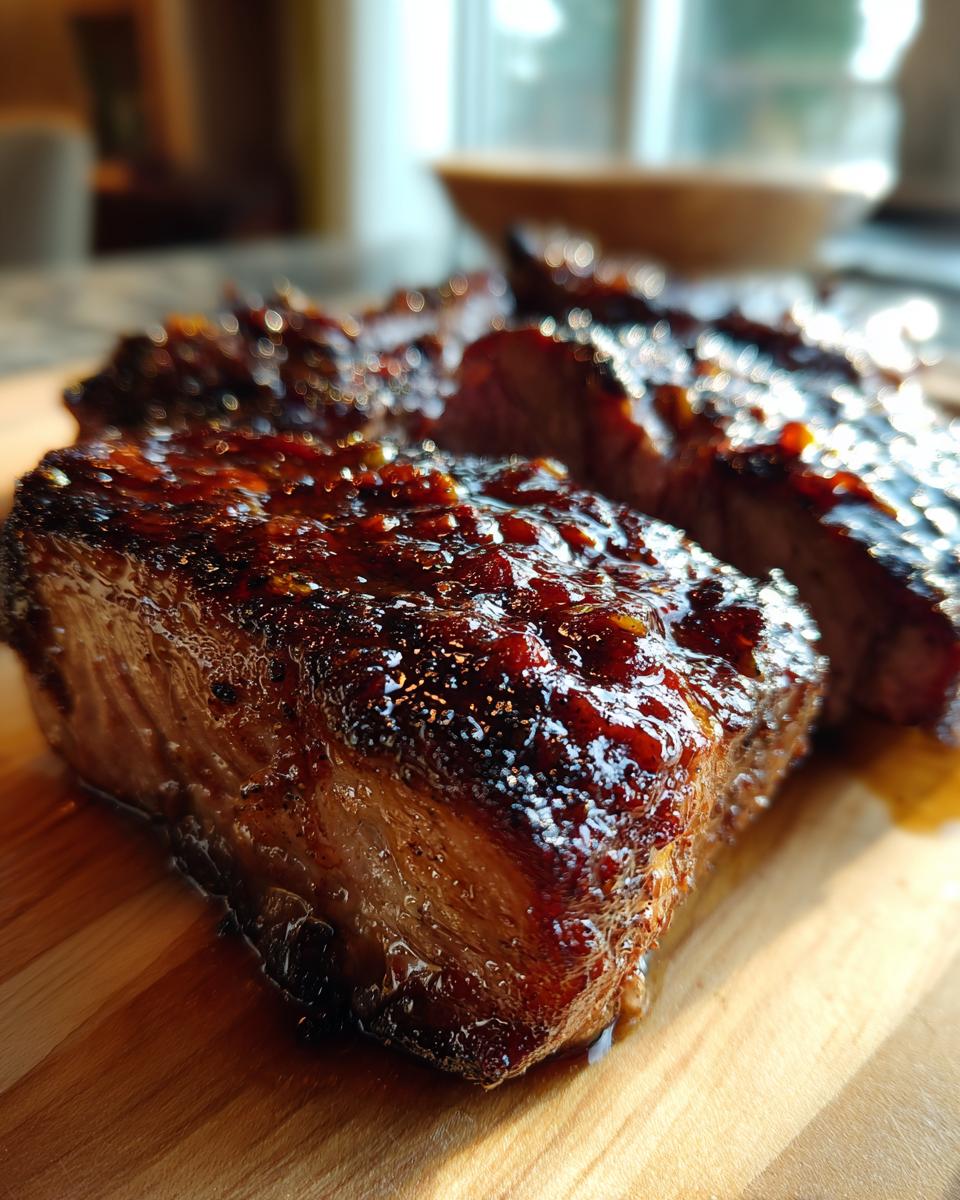 Close-up of thick, juicy pork steak recipe cuts covered in a dark, glossy glaze resting on a wooden board.