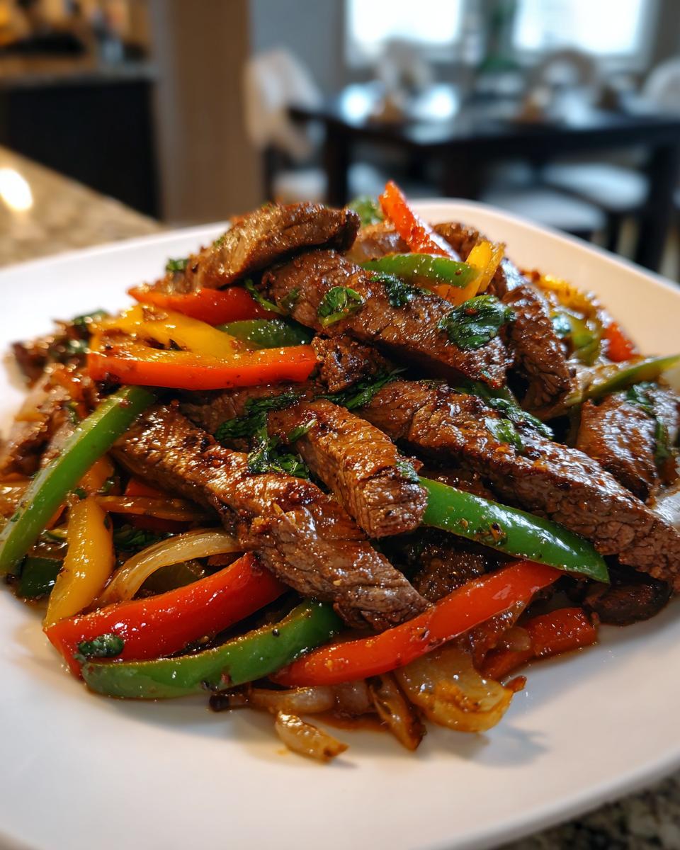 Close-up of juicy steak fajitas strips mixed with sautéed red, green, and yellow bell peppers and onions.