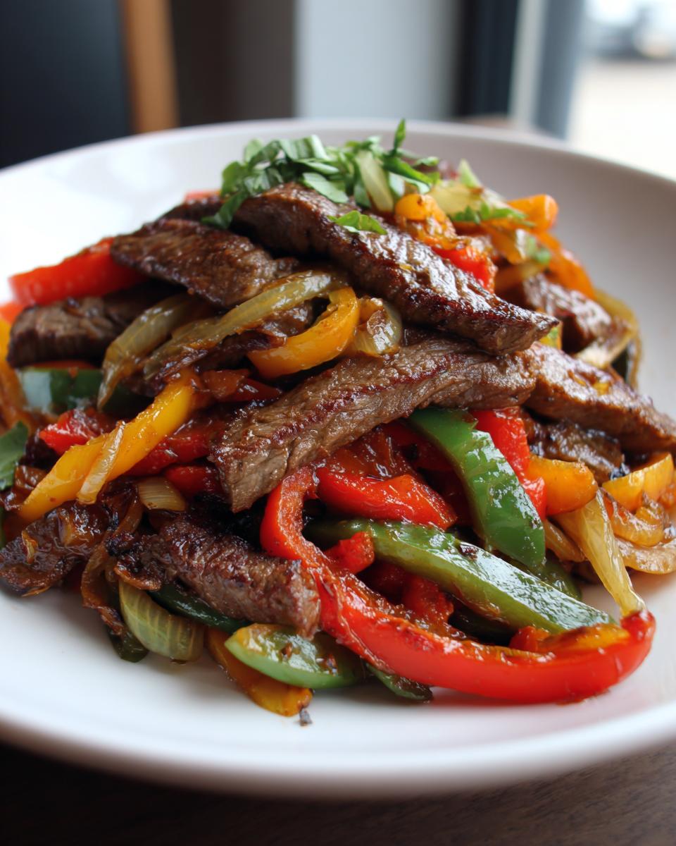 Close-up of a serving of juicy steak fajitas mixed with colorful sautéed red, green, and yellow bell peppers and onions.