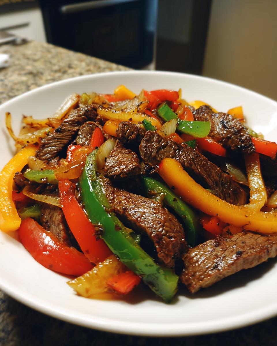 Close-up of juicy steak fajitas strips mixed with colorful bell peppers and onions in a white bowl.