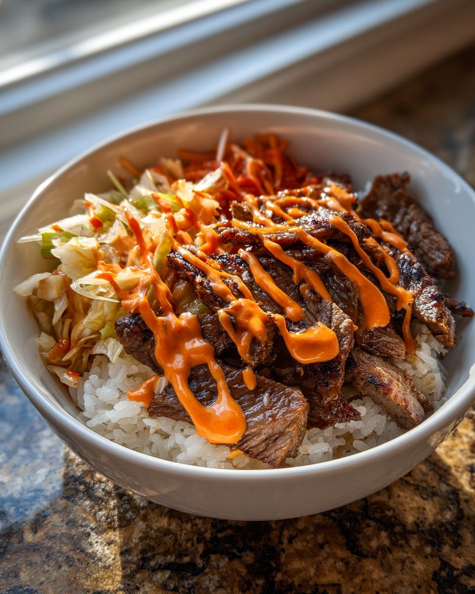 A white bowl filled with white rice, sliced Korean BBQ steak, slaw, and drizzled with bright orange spicy sauce.