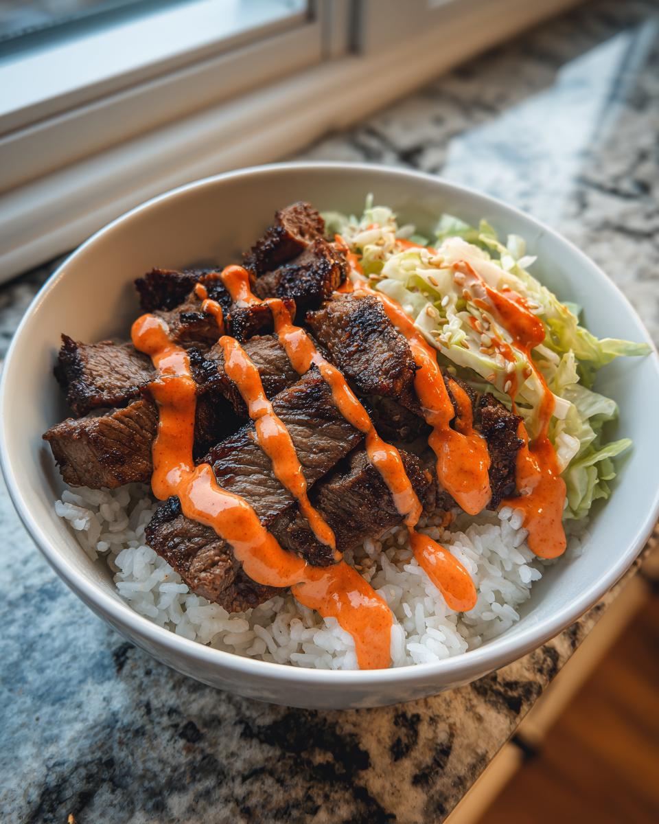 A white bowl filled with Korean BBQ steak rice bowls featuring white rice, cubed steak, shredded lettuce, and a spicy orange sauce drizzle.