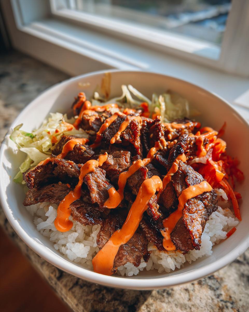 Close-up of Korean BBQ steak rice bowls featuring marinated steak over white rice, topped with spicy orange sauce and slaw.