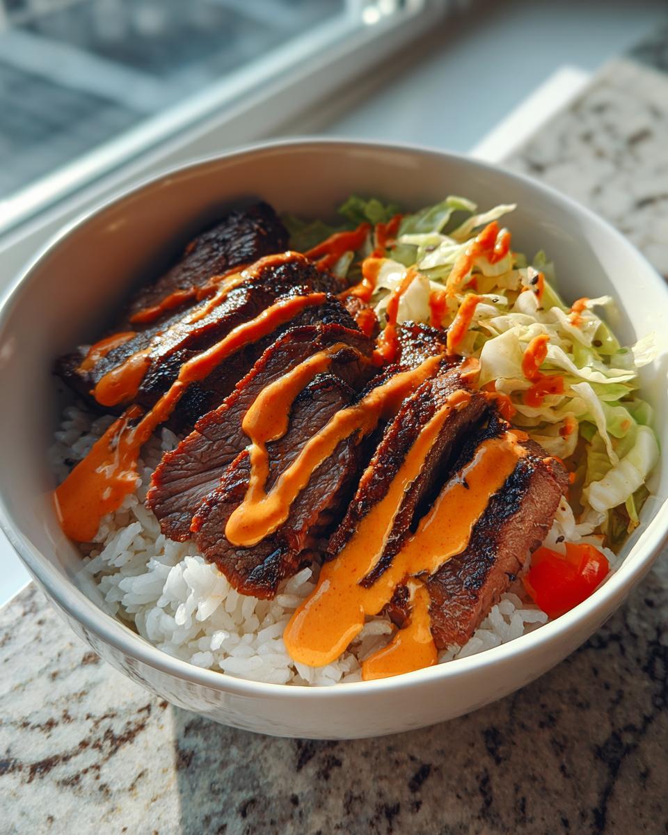 A white bowl filled with white rice, sliced Korean BBQ steak, shredded cabbage, and drizzled with orange sauce.
