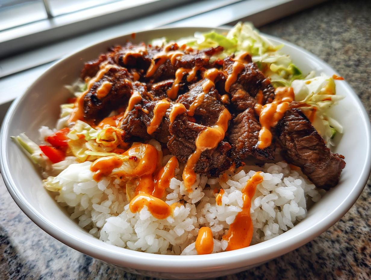 A close-up of a white bowl filled with white rice, topped with sliced Korean BBQ steak and drizzled with spicy orange sauce.