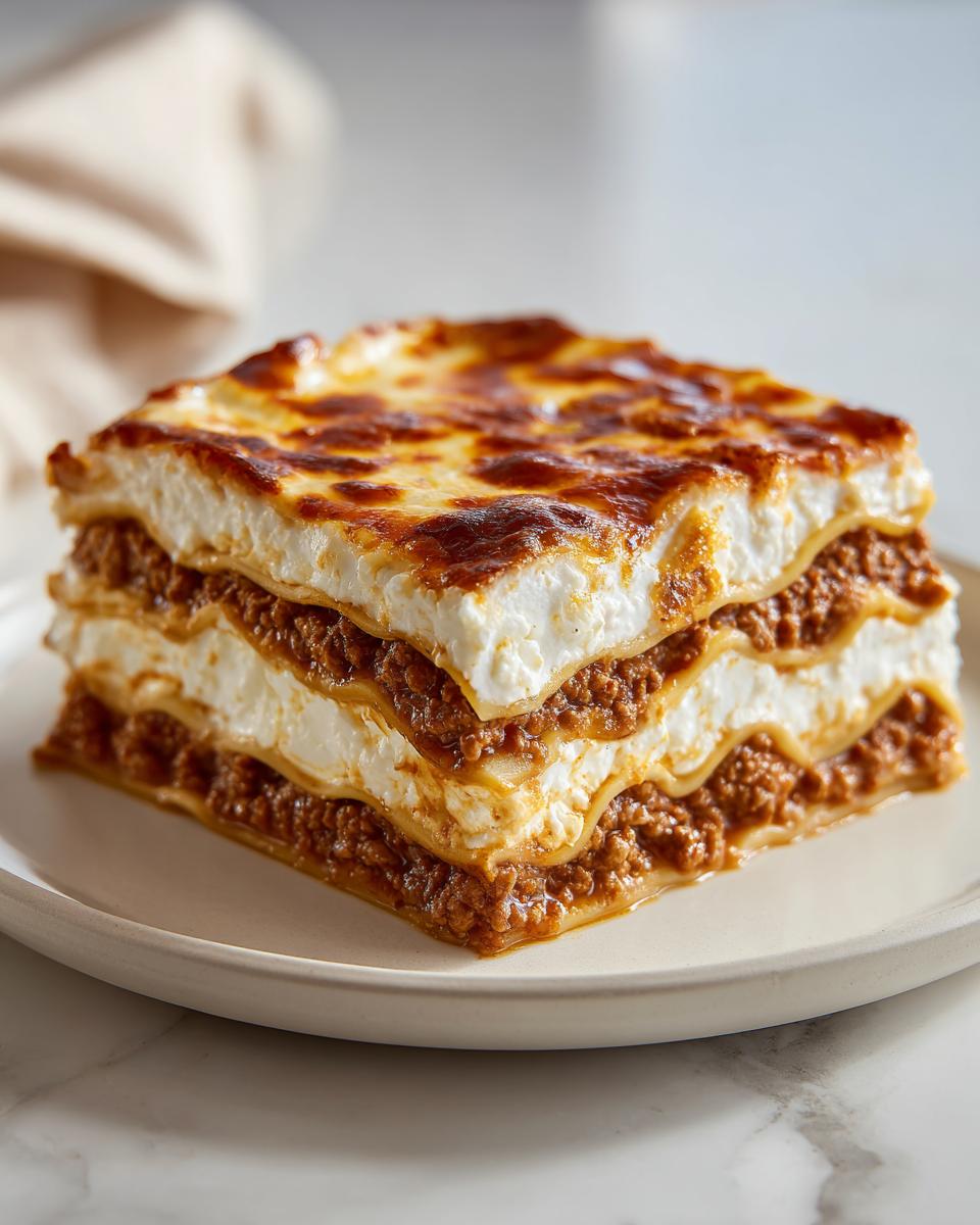A tall, square slice of lasagna with cottage cheese layers and browned top, ready to eat.