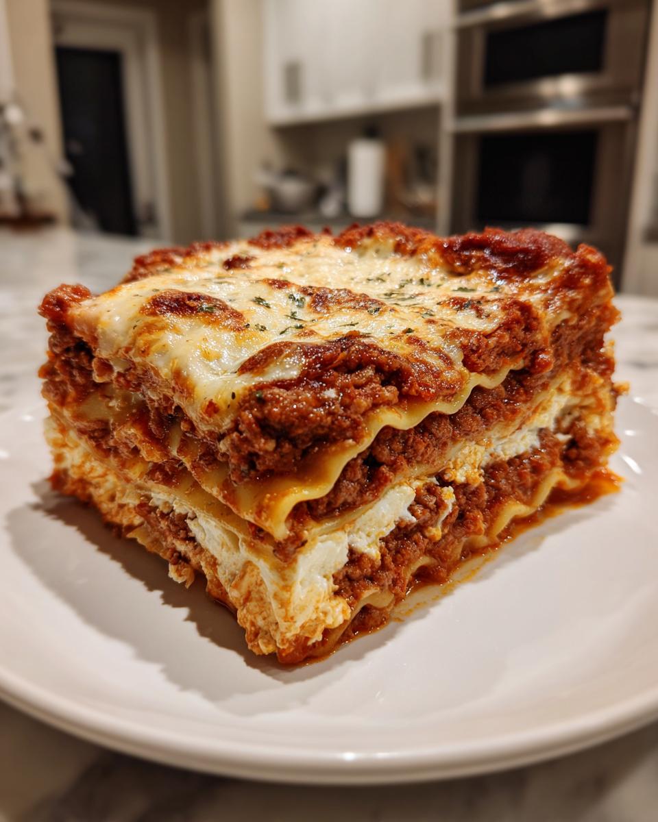 A thick, square slice of lasagna with cottage cheese, meat sauce, and melted cheese topping.