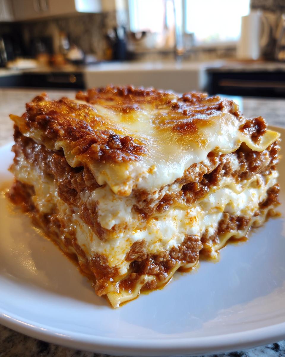 A thick, cheesy slice of lasagna with cottage cheese and meat sauce layers.