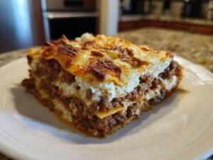A close-up of a square slice of Lasagna with Cottage Cheese showing thick layers of meat sauce and white cheese filling.