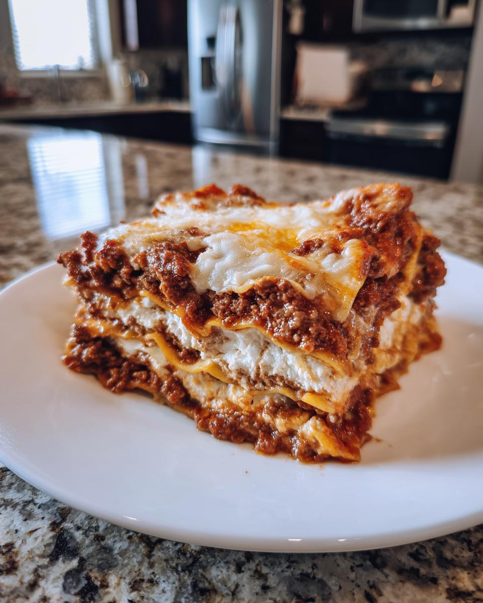 A thick slice of Lasagna with Cottage Cheese, showing layers of pasta, meat sauce, and white cheese filling.