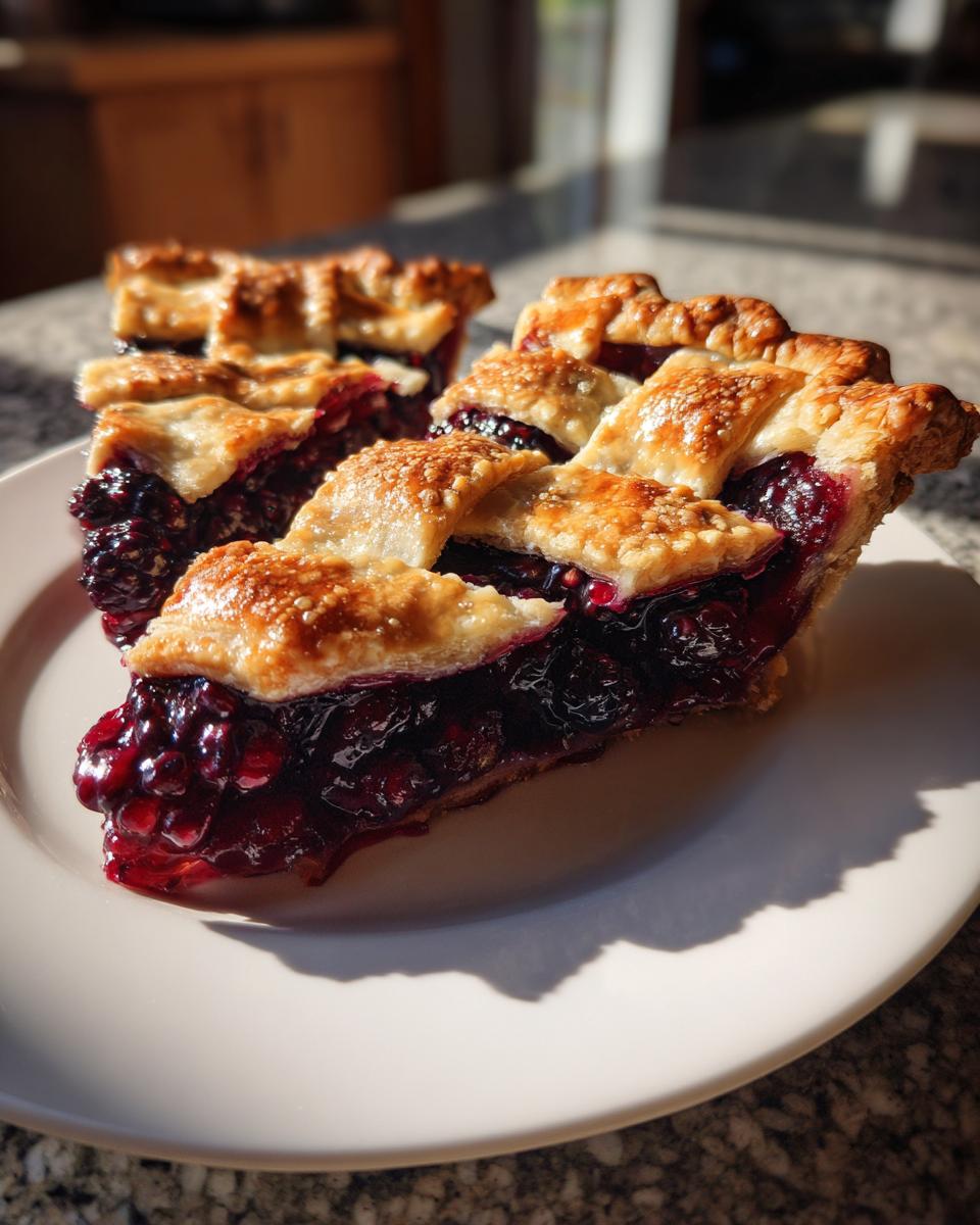 Two generous slices of homemade blackberry pie showing a thick, juicy filling and a golden, sugared lattice crust.