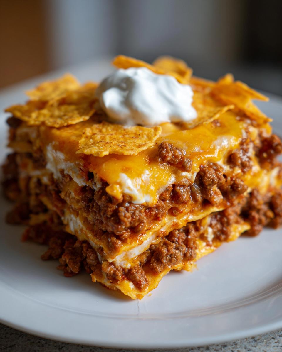 A close-up slice of layered Dorito Casserole featuring seasoned ground beef, melted cheese, and topped with sour cream and chips.