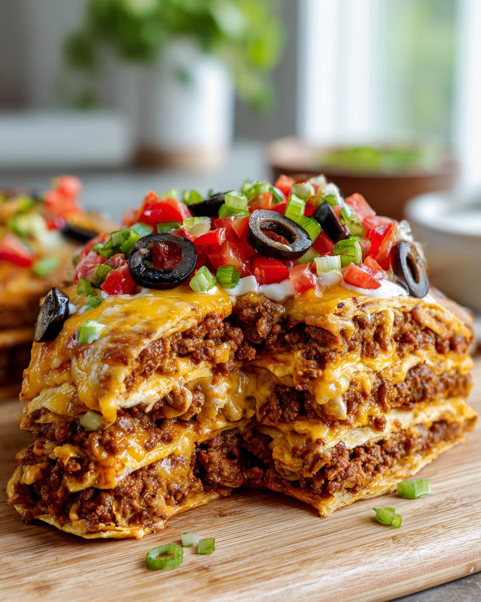 A tall, layered slice of mexican pizza showing seasoned ground beef, melted cheese, and toppings like tomatoes, olives, and sour cream.