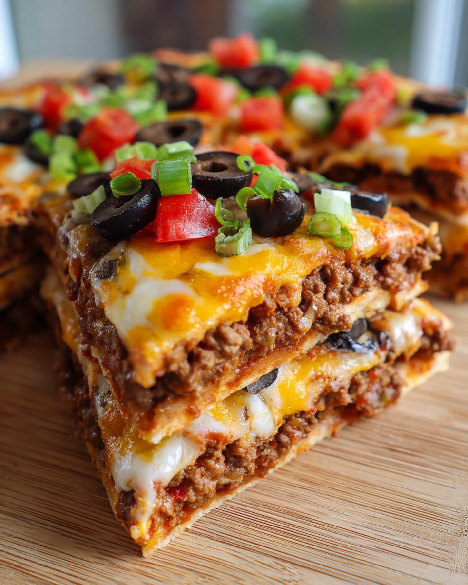Two stacked slices of layered mexican pizza showing seasoned ground beef, melted cheese, olives, and fresh toppings.