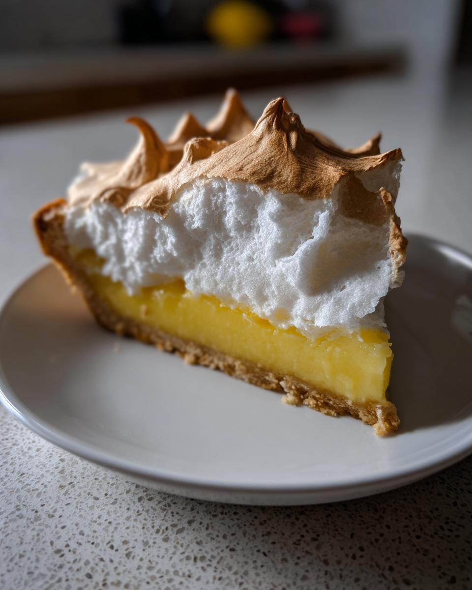A perfect slice of lemon meringue pie showing bright yellow filling, white fluffy meringue peaks, and a golden crust.