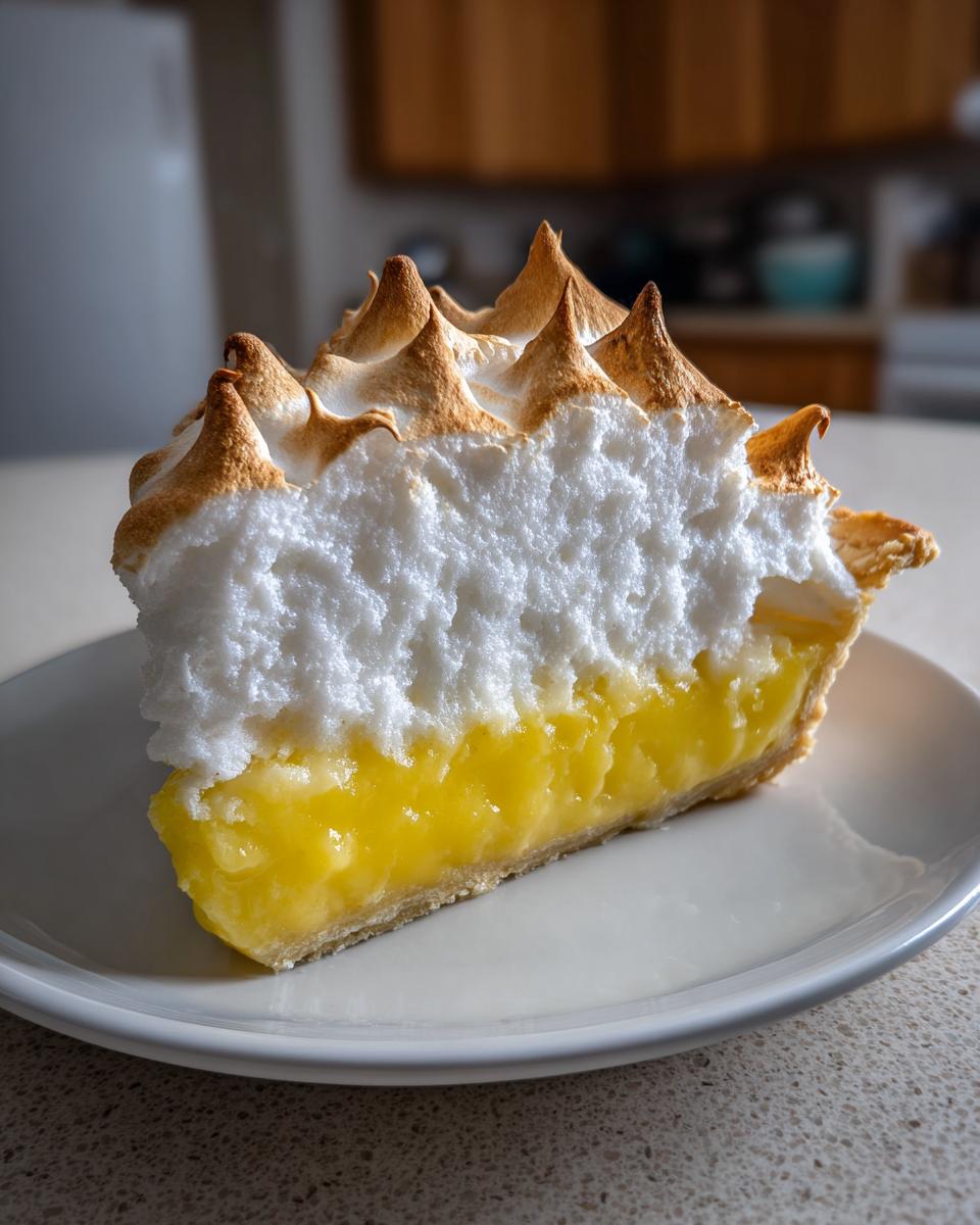 A tall slice of lemon meringue pie showing bright yellow filling and fluffy, toasted meringue peaks.