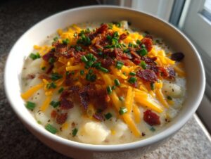 A close-up of a white bowl filled with creamy loaded baked potato soup, topped generously with shredded cheddar cheese, bacon bits, and fresh chives.