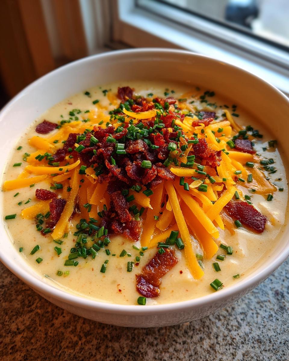 A creamy bowl of loaded baked potato soup generously topped with shredded cheddar cheese, crispy bacon bits, and fresh chives.