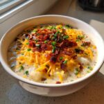 A creamy bowl of loaded baked potato soup topped generously with shredded cheddar cheese, crispy bacon bits, and fresh chives.