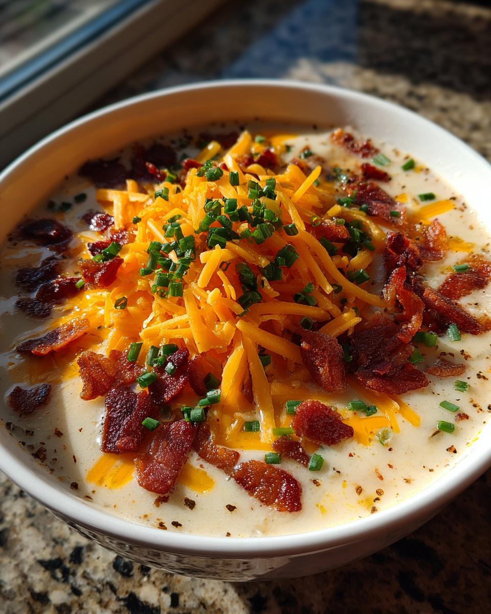 A creamy bowl of loaded baked potato soup topped generously with shredded cheddar cheese, crispy bacon bits, and fresh chives.