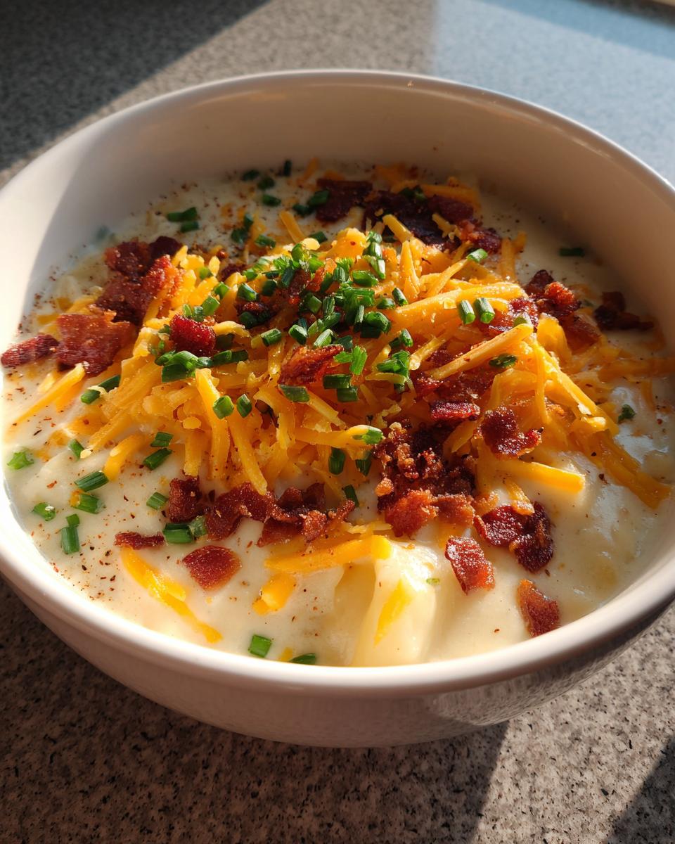 Close-up of a creamy bowl of loaded baked potato soup topped generously with shredded cheddar cheese, bacon bits, and fresh chives.