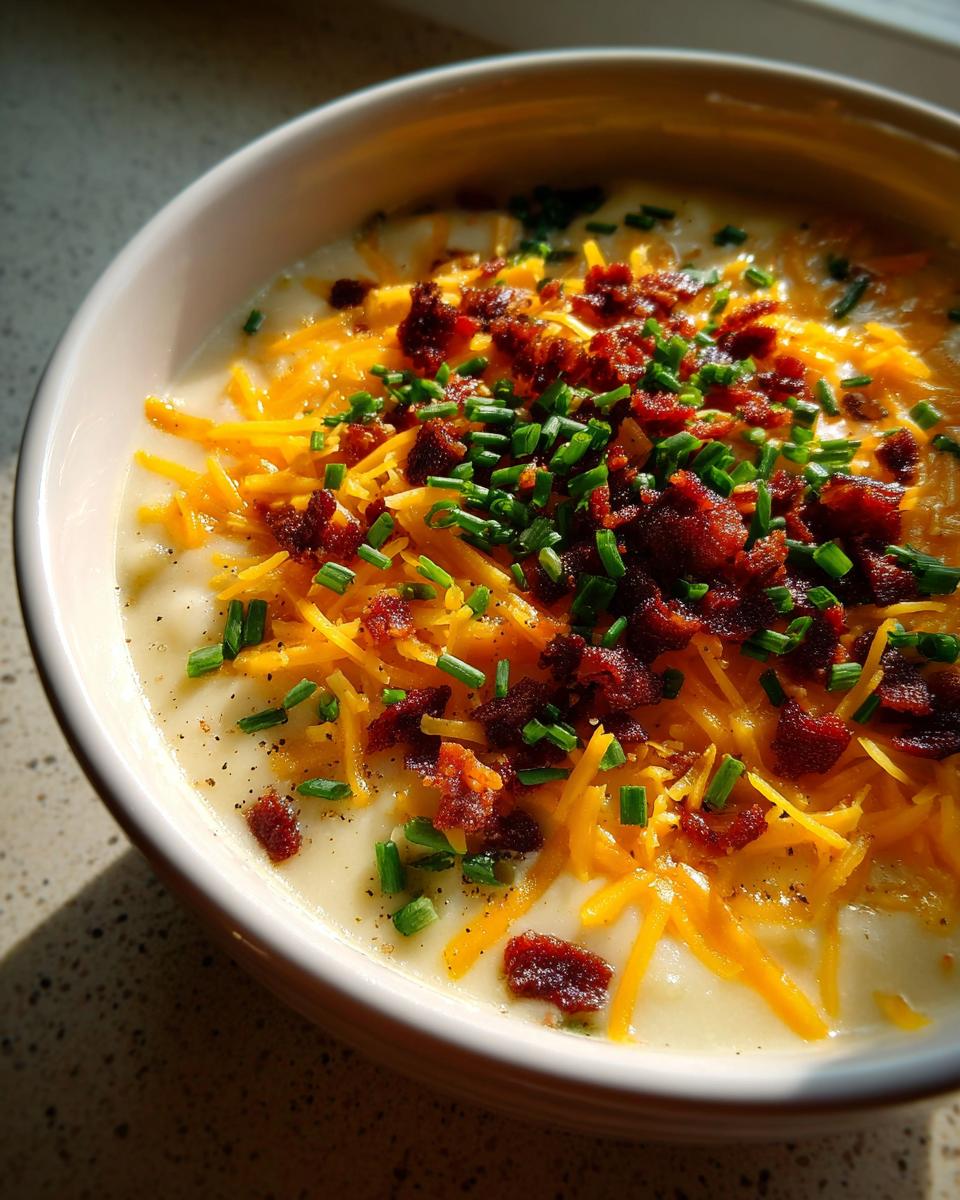 Close-up of a bowl of loaded baked potato soup topped generously with shredded cheddar cheese, bacon bits, and fresh chives.