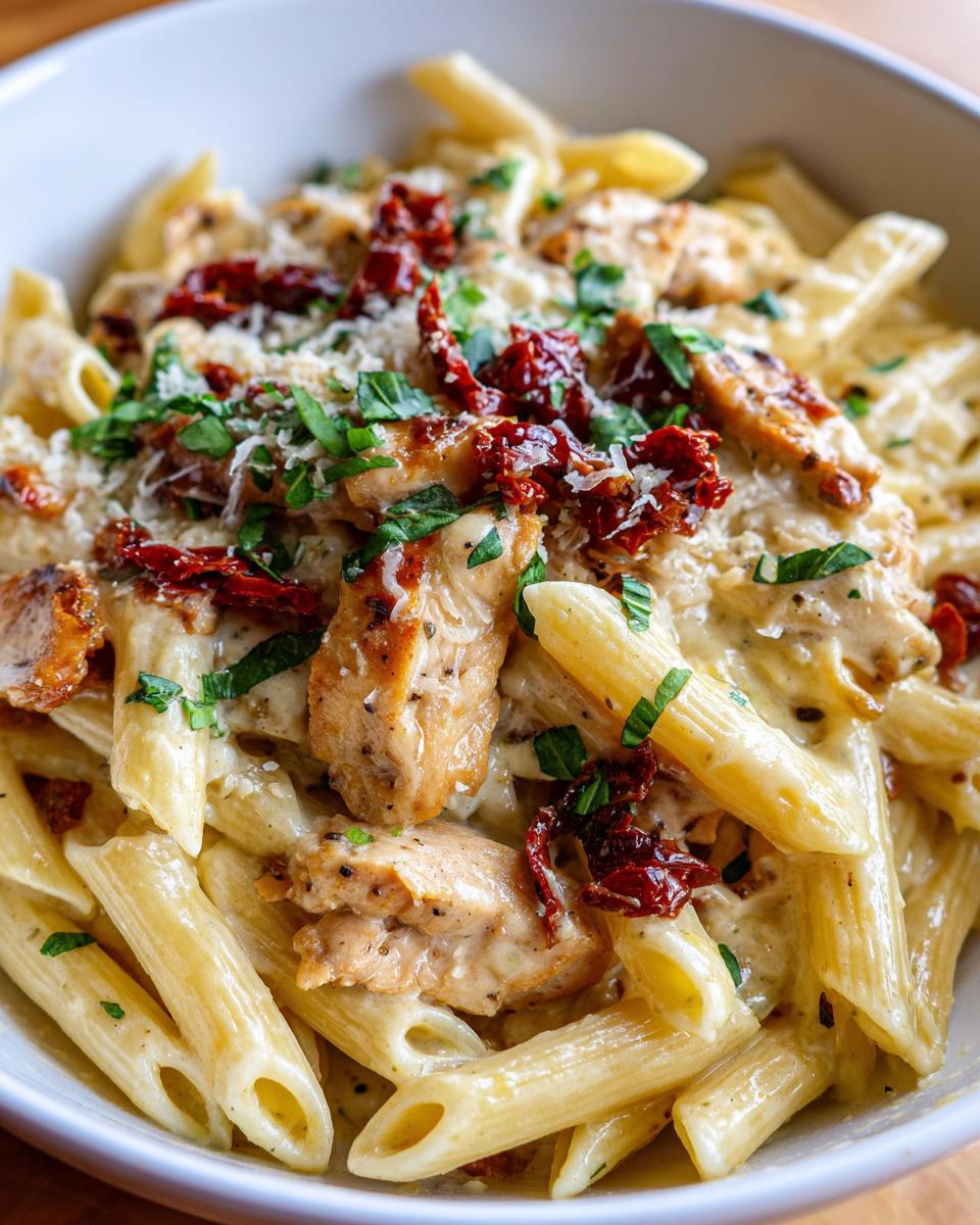Close-up of a bowl of marry me chicken pasta featuring penne, creamy sauce, sliced chicken, and sun-dried tomatoes.