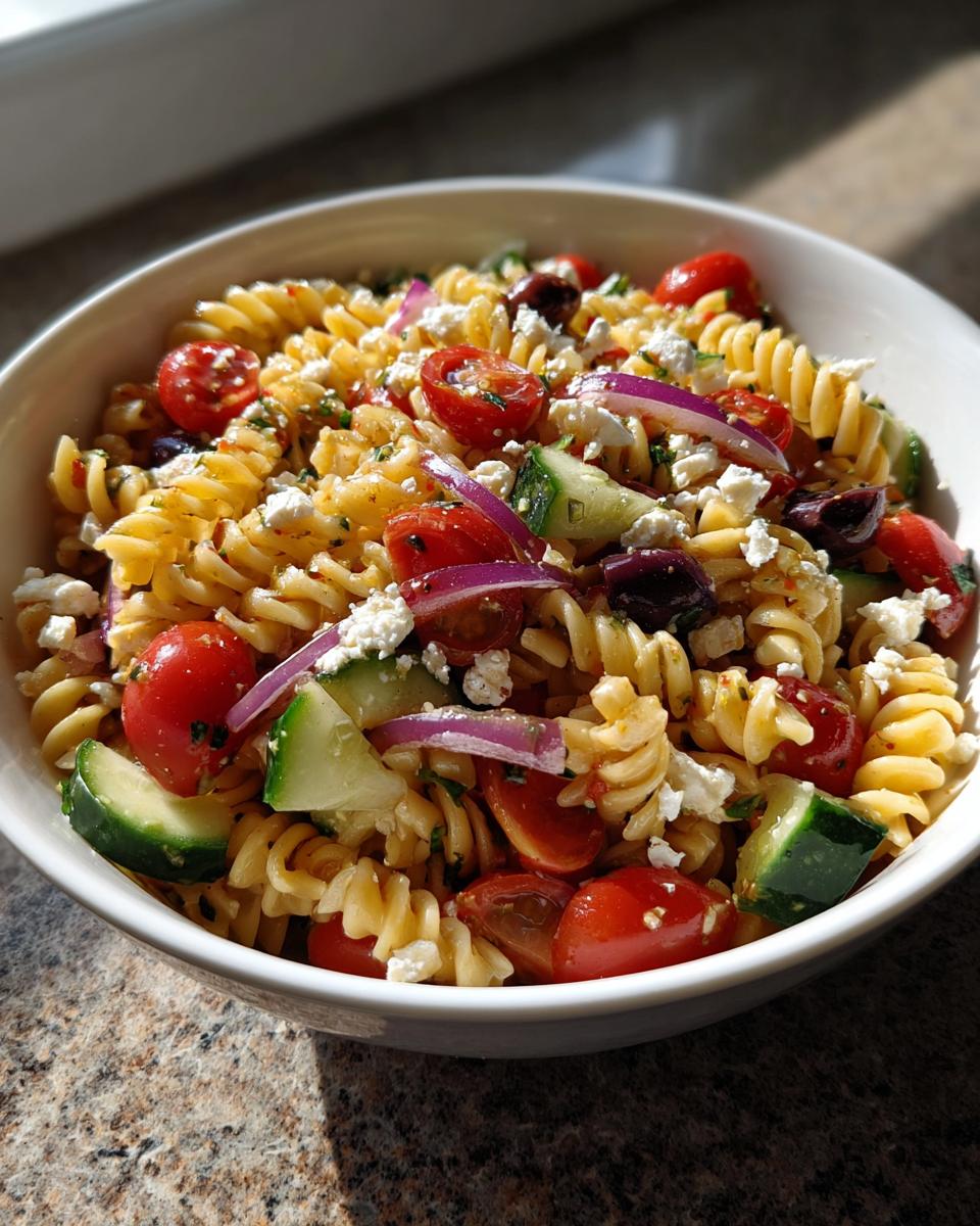 A close-up of a vibrant mediterranean pasta salad featuring fusilli, cherry tomatoes, cucumber, red onion, olives, and feta cheese.