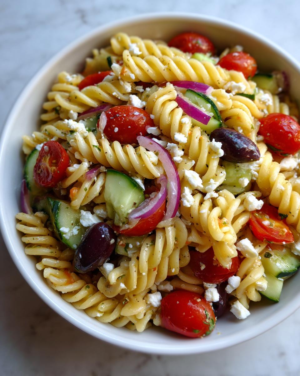 A close-up view of a vibrant mediterranean pasta salad featuring fusilli pasta, cherry tomatoes, cucumber, red onion, Kalamata olives, and feta cheese.