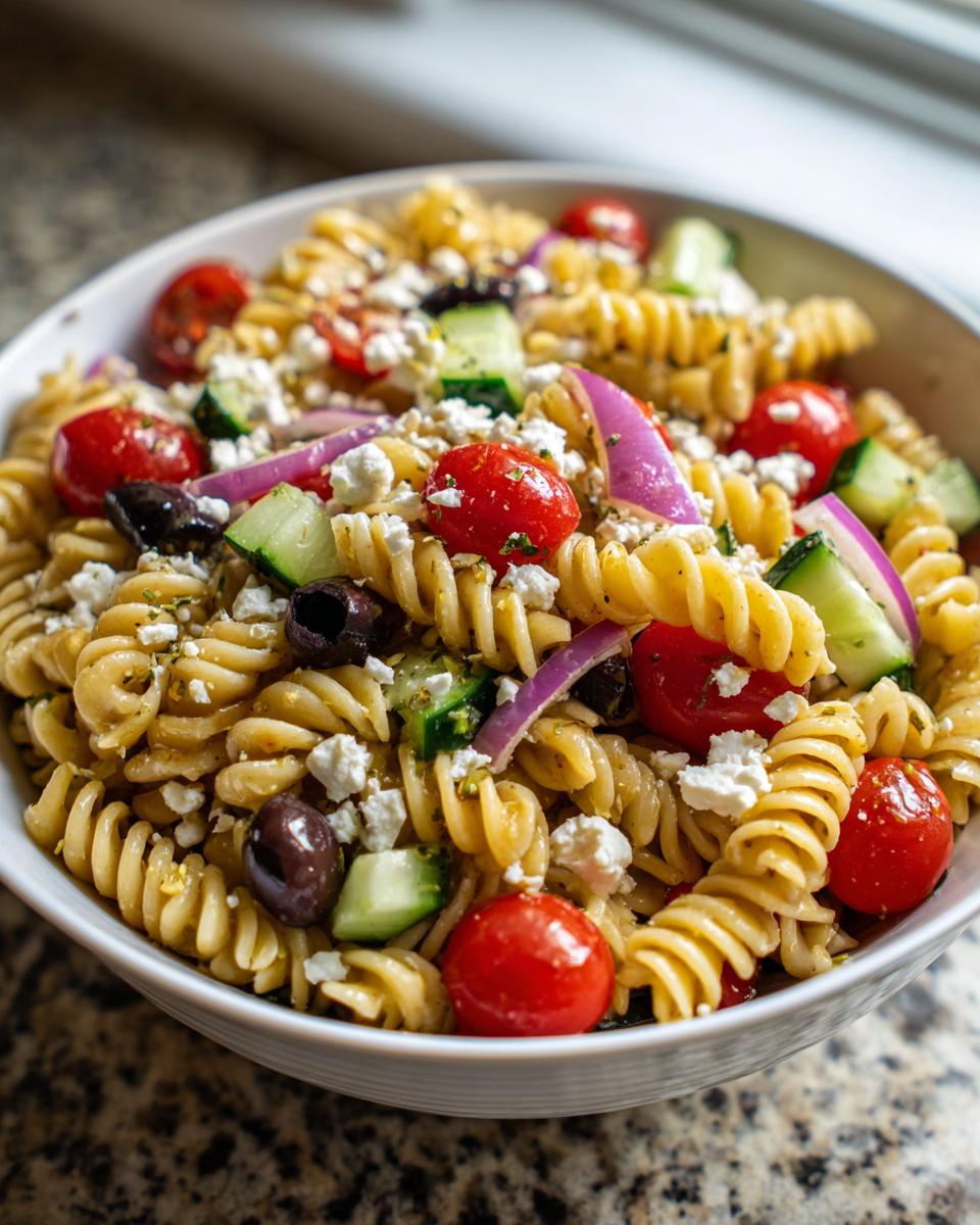 A close-up view of a vibrant mediterranean pasta salad featuring rotini pasta, cherry tomatoes, cucumber, olives, and feta cheese.