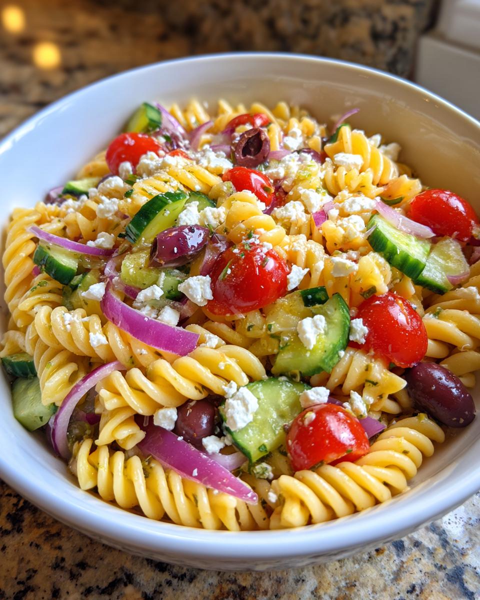 A close-up view of a vibrant mediterranean pasta salad featuring rotini pasta, cherry tomatoes, cucumbers, red onion, feta, and olives.