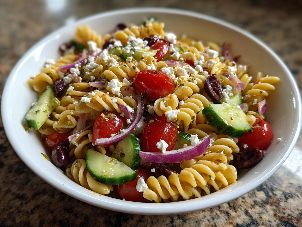 A vibrant close-up of mediterranean pasta salad featuring rotini pasta, cherry tomatoes, cucumber, red onion, olives, and feta cheese.