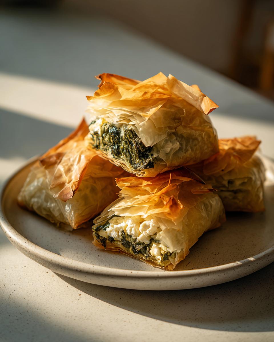 A stack of four golden, flaky Mediterranean Spinach and Feta Cheese Crisps on a light ceramic plate.