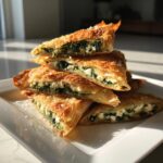 A stack of golden, flaky Mediterranean Spinach and Feta Cheese Crisps triangles on a white plate.