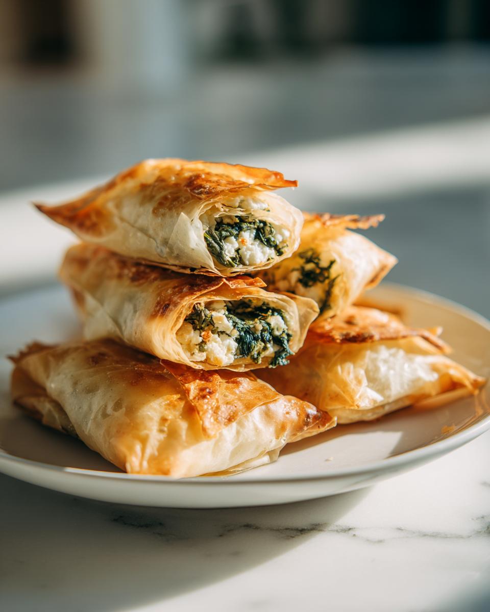 A stack of golden, flaky Mediterranean Spinach and Feta Cheese Crisps cut open to show the filling.